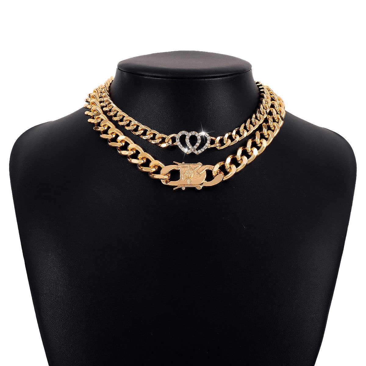 N1424 Exaggerated Thick Chain Personality Necklace Love Retro Punk Hip Hop Fashionable Double Layer Necklace