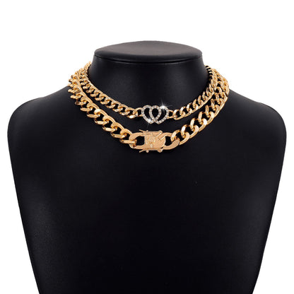 N1424 Exaggerated Thick Chain Personality Necklace Love Retro Punk Hip Hop Fashionable Double Layer Necklace