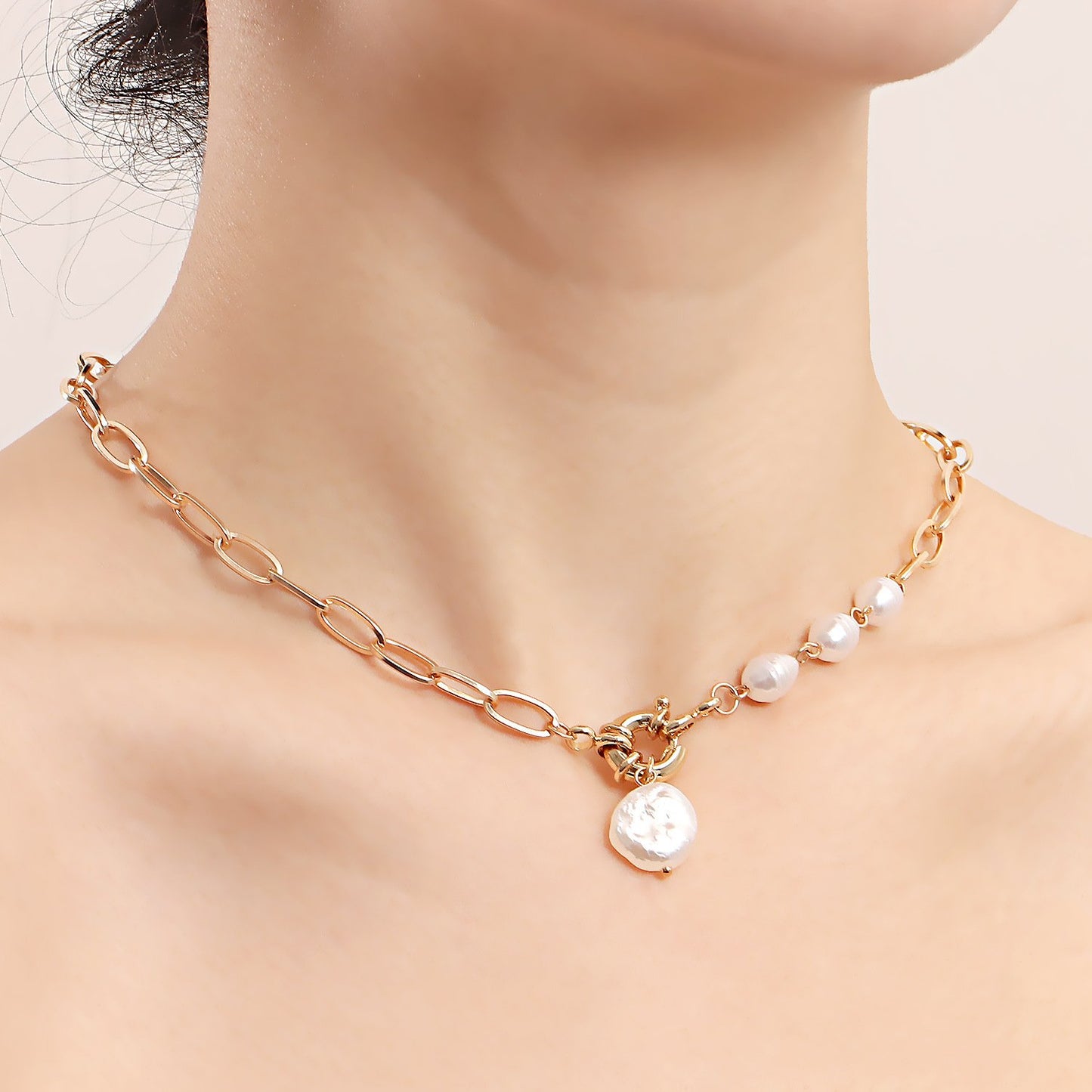 Jewelry punk simple single-layer back-shaped chain pearl pendant necklace female ins all-match necklace