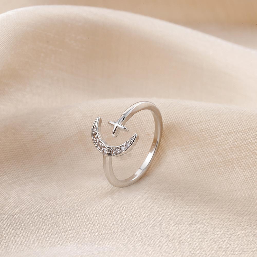 ins moon star opening copper micro-inlaid zircon ring simple fashion personality all-match ladies ring