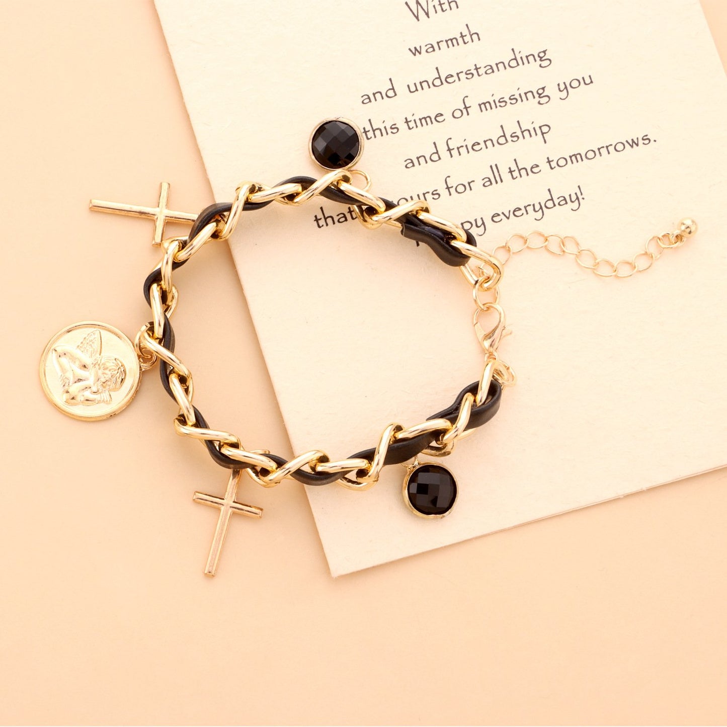 Jewelry multi-element cross angel disc gemstone bracelet women's thick chain leather personality bracelet