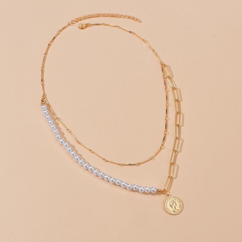 Fashion Alloy Queen Head Pendant Necklace Multilayer Imitation Pearl Necklace Accessories