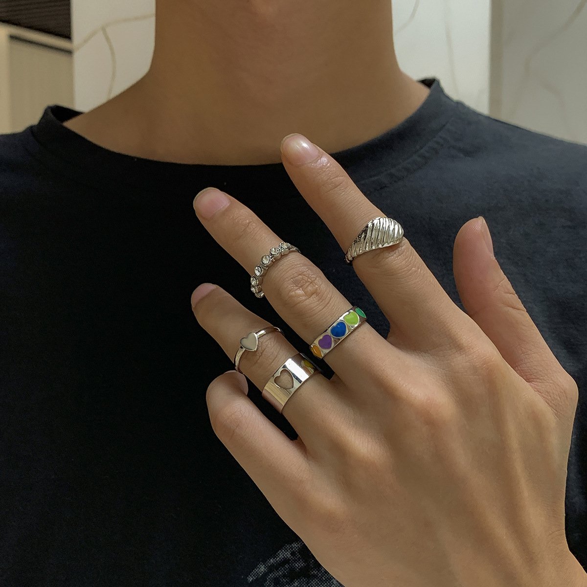 Retro trend color drop nectarine heart-shaped men's ring set geometric diamond ring jewelry