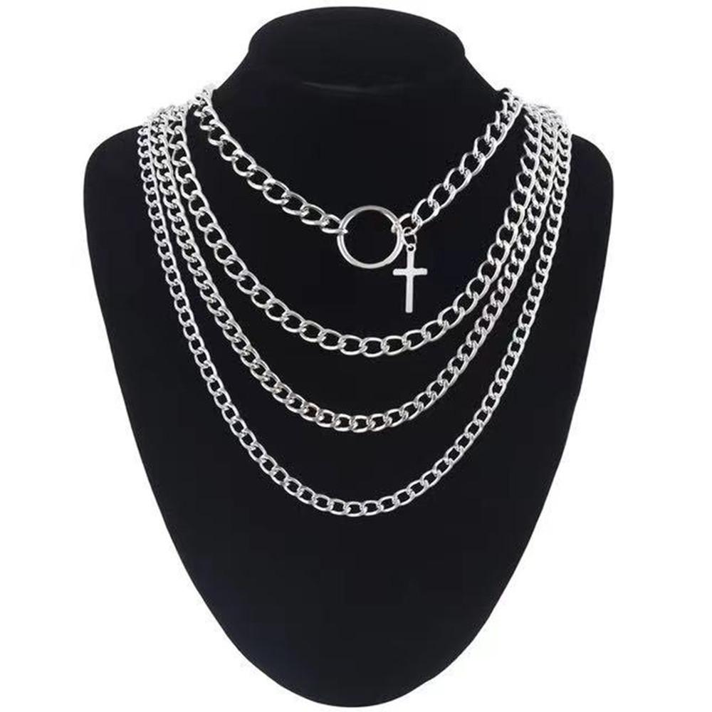 Jewelry punk metal chain multi-layer necklace hip-hop ins cross geometric ring necklace