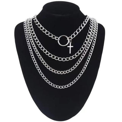 Jewelry punk metal chain multi-layer necklace hip-hop ins cross geometric ring necklace