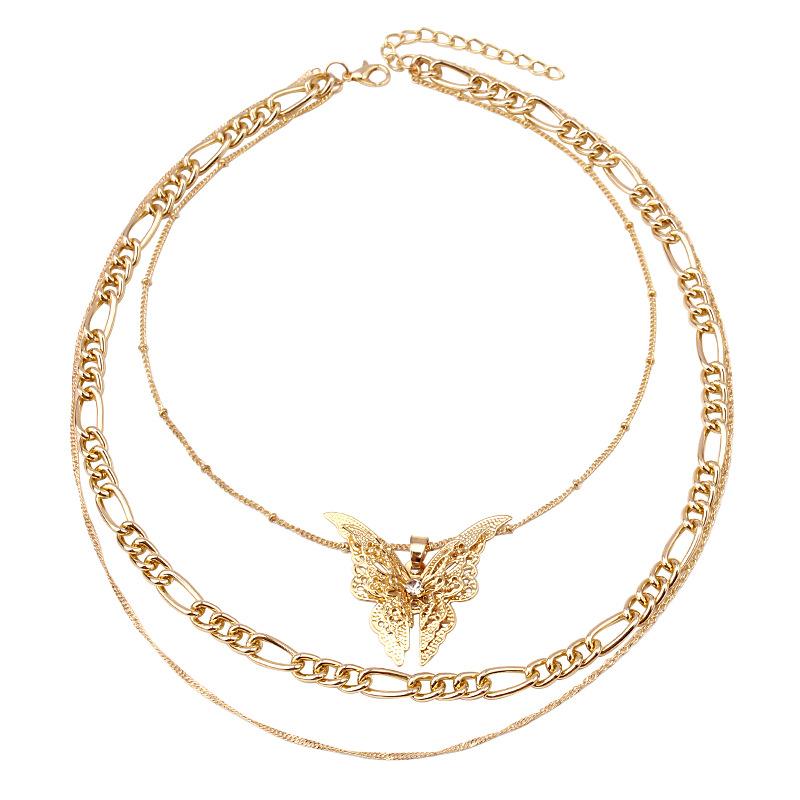 Fashion all-match necklace trend personality multi-layer chain with diamond big butterfly pendant necklace neck chain