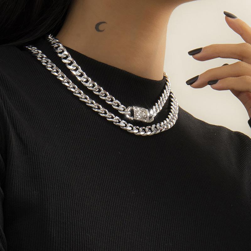 Jewelry Hip-Hop Studded Diamond Cuban Buckle Head Necklace Women's Retro Metal Aluminum Chain Necklace Set