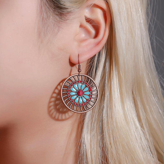 Ethnic personality earrings creative round hollow earrings female bohemian fashion retro flower earrings