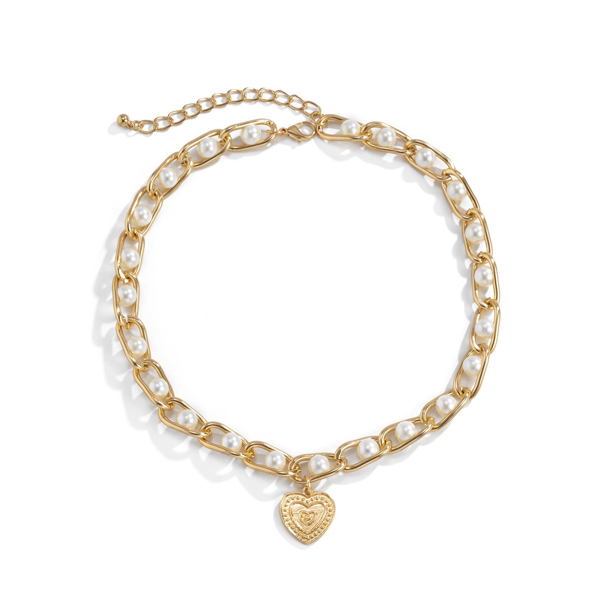 Jewelry retro inlaid pearl chain men's necklace hip-hop trendy cool metal peach heart-shaped necklace female