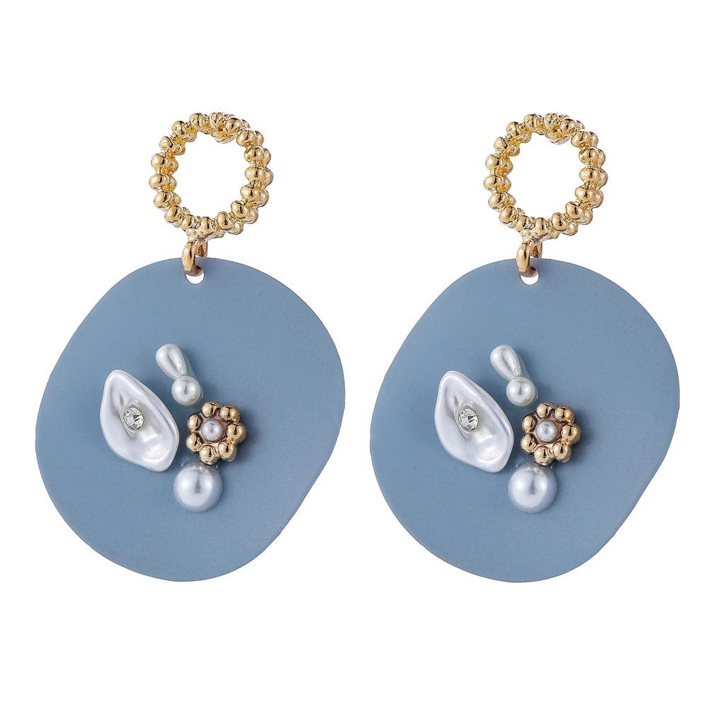 Irregular geometric round shell inlaid pearl flower earrings niche simple temperament earrings retro trendy accessories