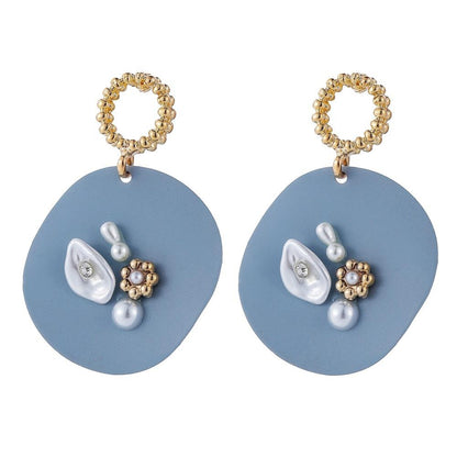 Irregular geometric round shell inlaid pearl flower earrings niche simple temperament earrings retro trendy accessories