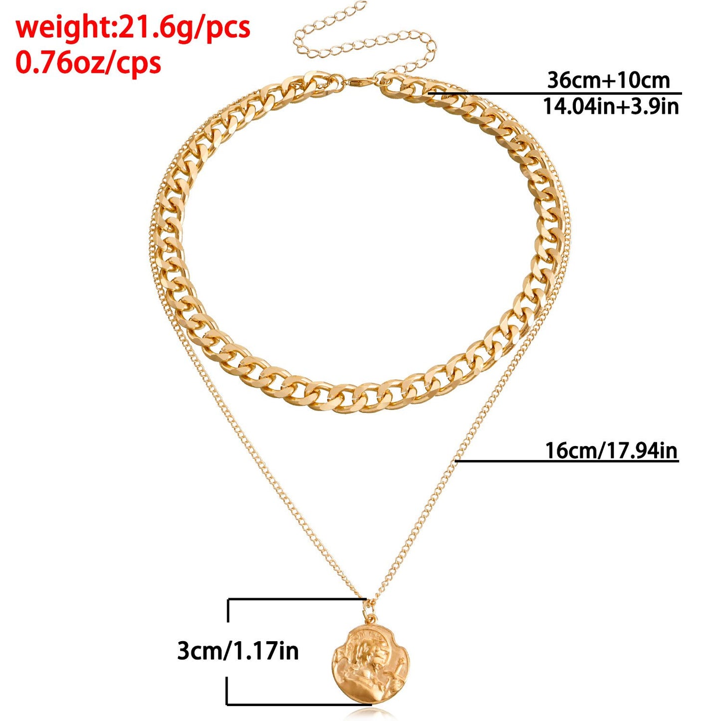Jewelry retro double-layer geometric aluminum chain knight shield pendant necklace female ins niche