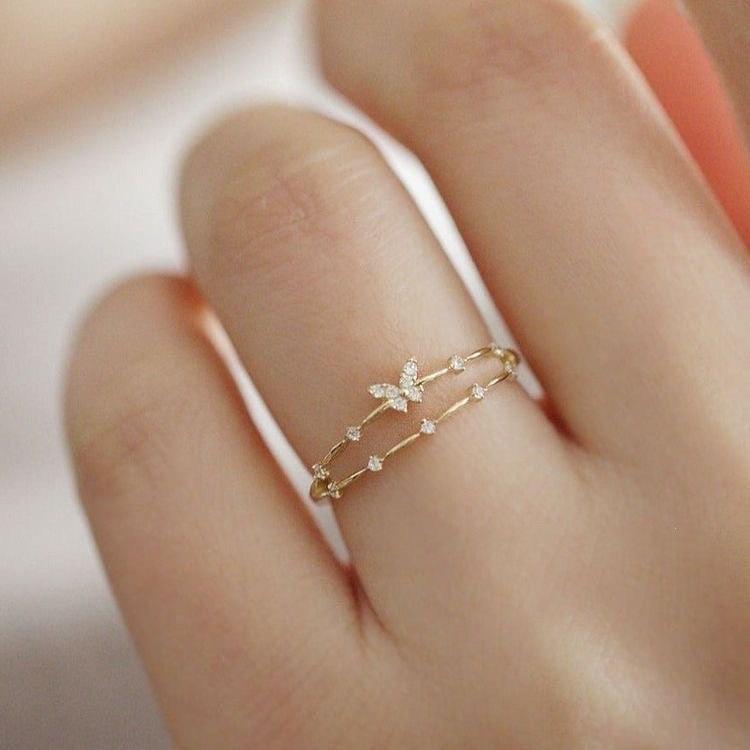 ins simple butterfly ring female fashion temperament micro-inlaid zircon double-layer metal geometric opening index finger ring