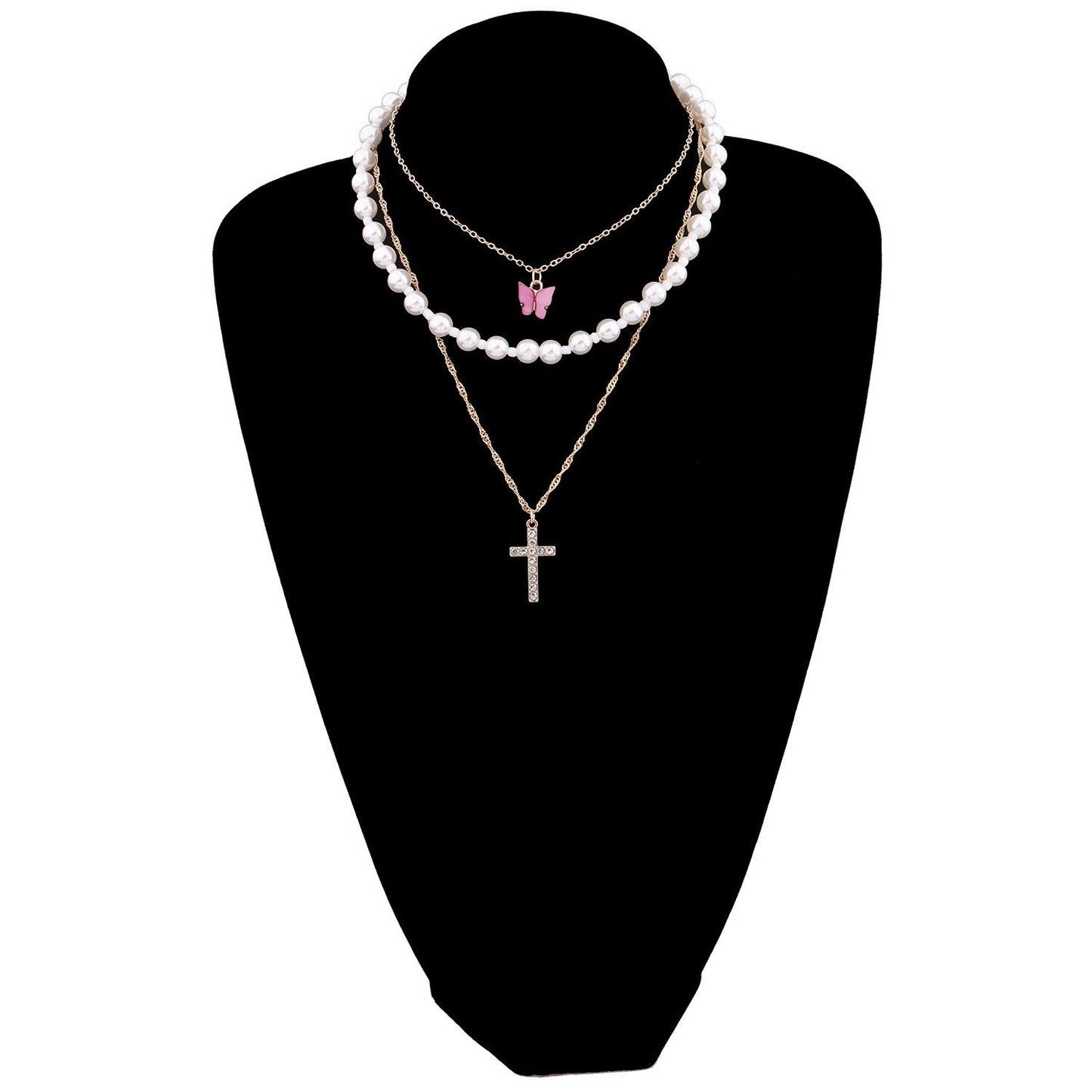 Jewelry Trend Full Diamond Cross Pendant Necklace Female Acrylic Butterfly Pearl Necklace