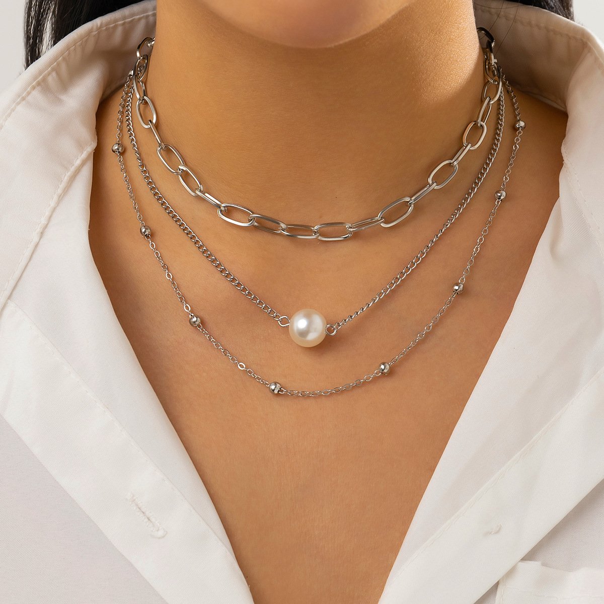 Jewelry Hip Hop Simple Metal Chain Clavicle Necklace French Multilayer Chain Imitation Pearl Necklace Female