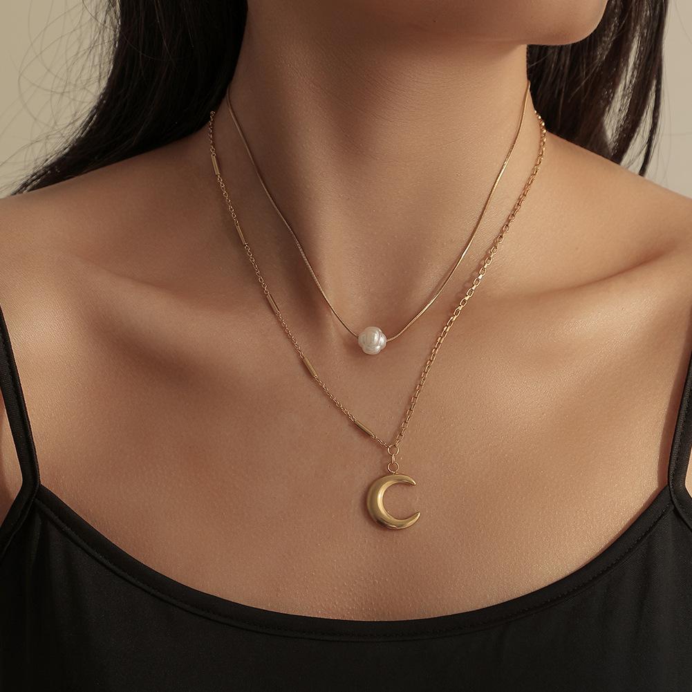 Titanium Steel Real Gold Simple Moon Stainless Steel Pendant Personality Pearl Double Layer Necklace Jewelry Women