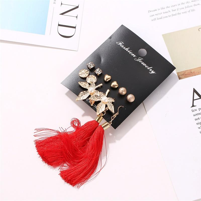 Set Earrings Simple Love Leaves Pearl Earrings Femininity Long Tassels 6 Pairs Earrings