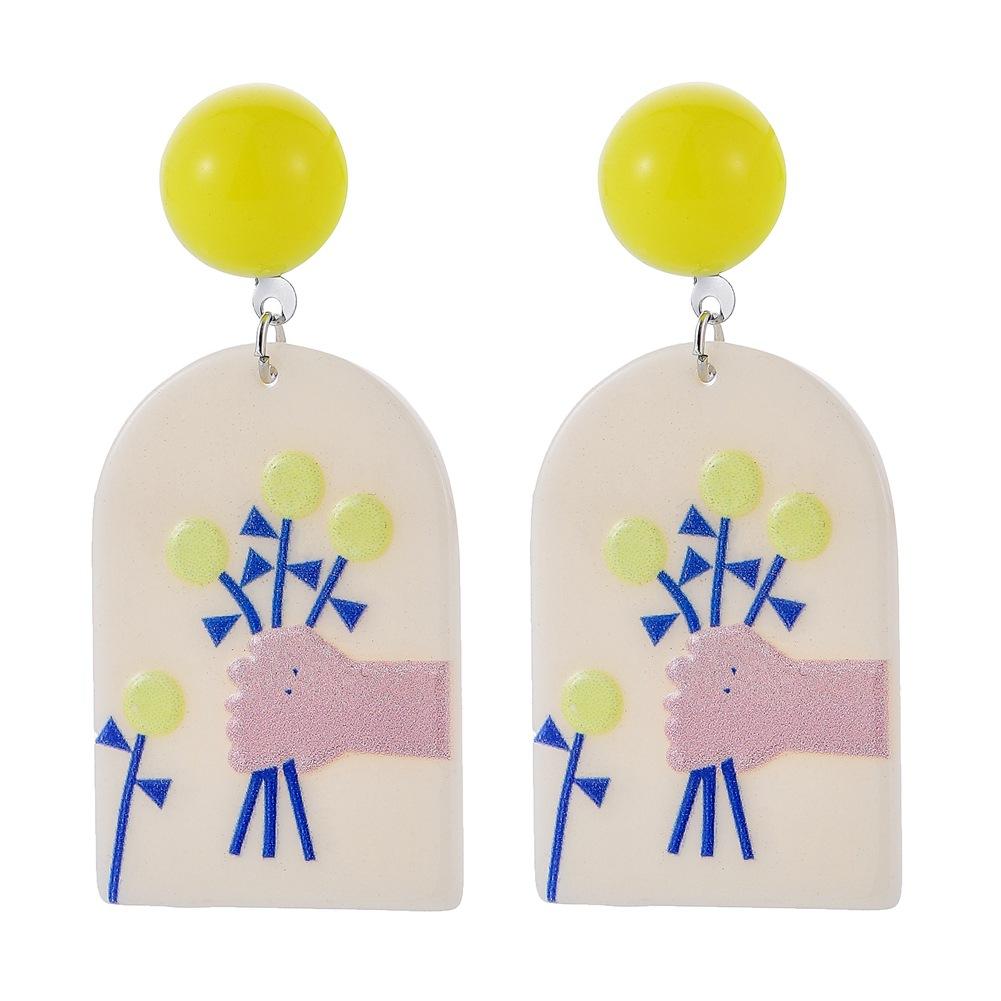 Ins fresh oil painting lattice earrings acrylic plate creative graffiti hand grasping flower earrings jewelry