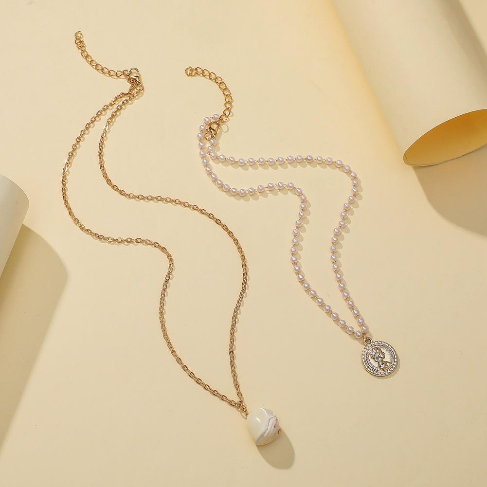 Ins temperament freshwater special-shaped pearl pendant personality portrait embossed coin fashion double layer necklace