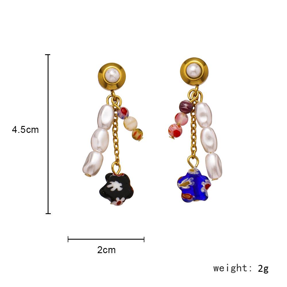 Fashion stainless steel special-shaped baroque imitation pearl mixed color glass flower earrings titanium steel elegant trendy earrings