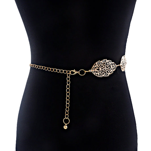 Women's Metal Belt Fashion Versatile Leaf Hollow Quality Decorative Dress Waist Chain Women