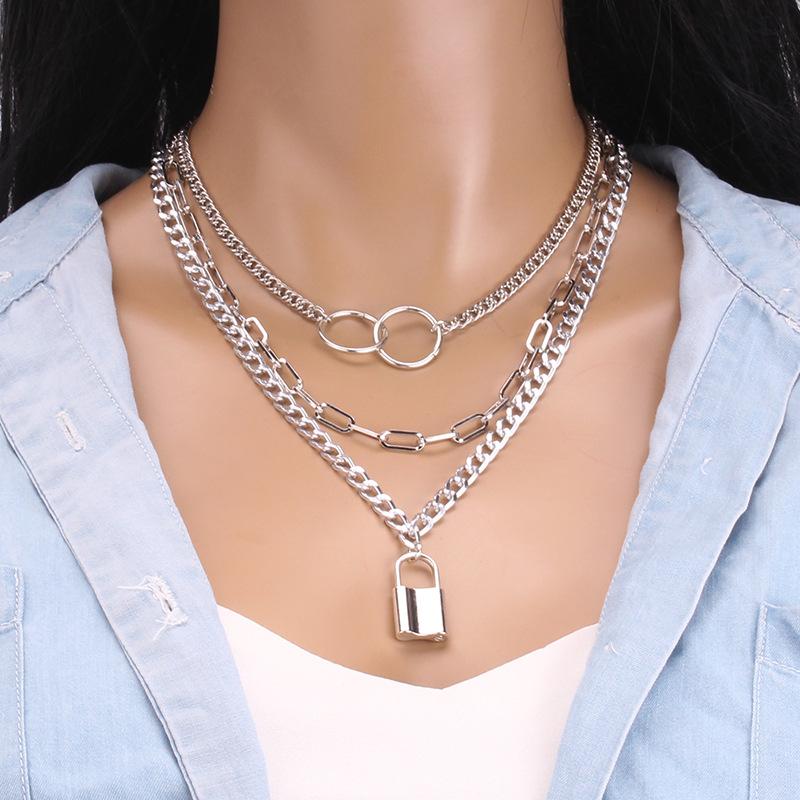 Jewelry Personality Ring Decorative Necklace Hip-Hop Rock Trend Padlock Accessories Multi-layer Set Chain