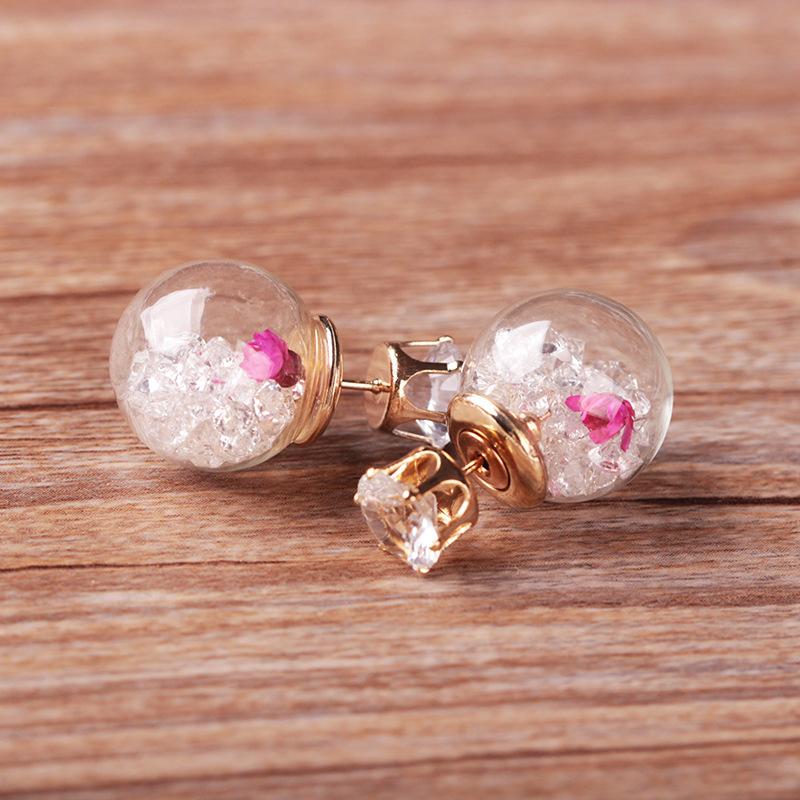 Fashion Glass Ball Broken Diamond Dried Flower Stud Earrings Taobao Double-sided Spherical Earrings Jewelry