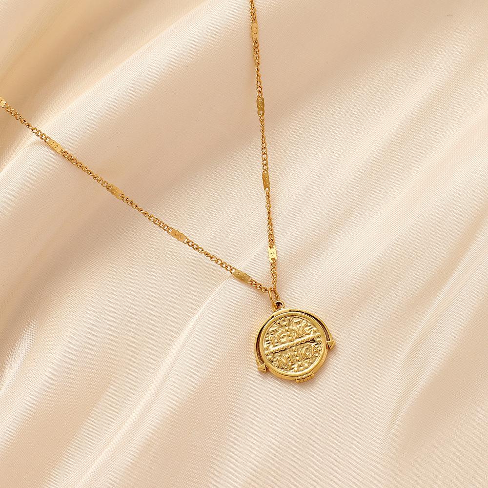Crossover Fashion Simple Temperament Charming Stainless Steel Gold Retro Round Coin Short Necklace for Women
