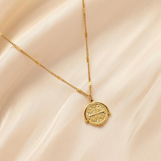 Crossover Fashion Simple Temperament Charming Stainless Steel Gold Retro Round Coin Short Necklace for Women