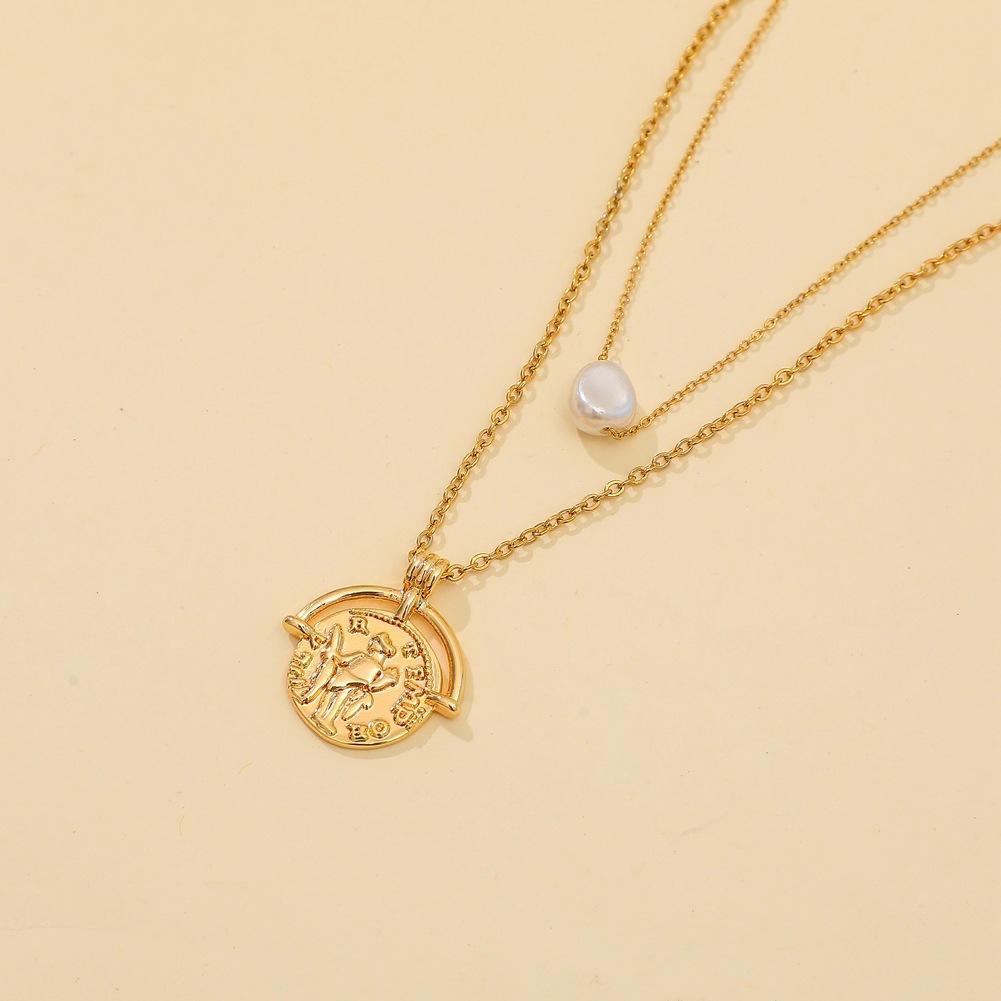 ins stainless steel real gold necklace creative ancient Roman letters coins wild pearl double layer necklace
