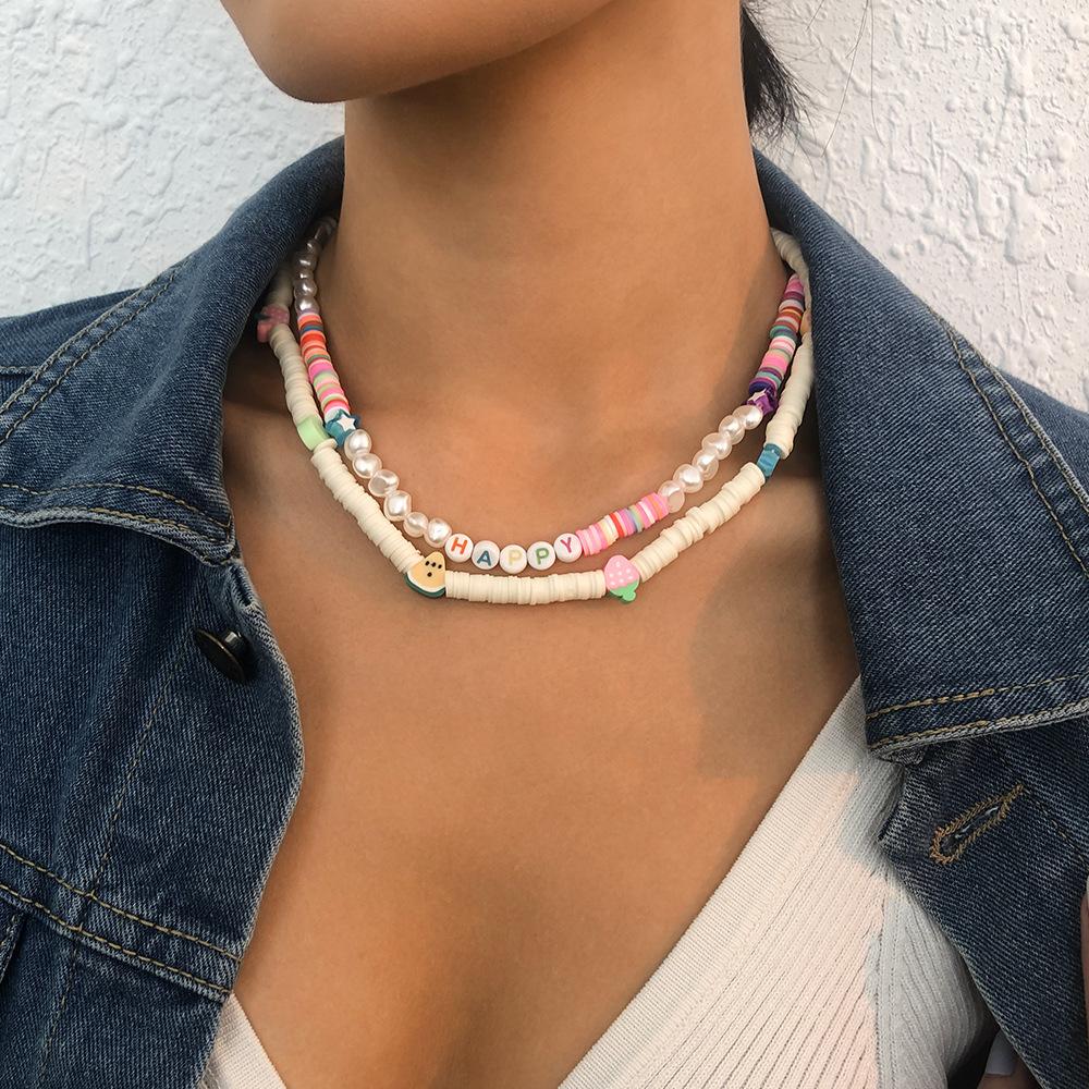 N9149 Bohemia Pearl Necklace Geometric Soft Pottery Star Necklace Fashion Temperament Double Layer Necklace