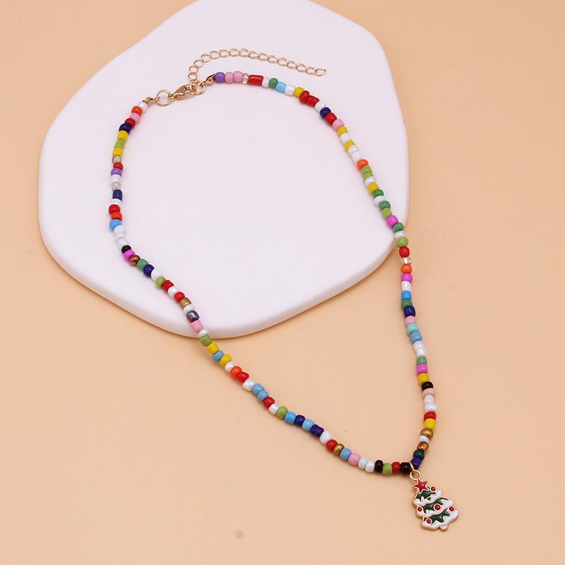 Christmas Ornament Fashion Drip Oil Pendant Christmas Tree Clavicle Chain Bohemian Colorful Handmade Rice Beads