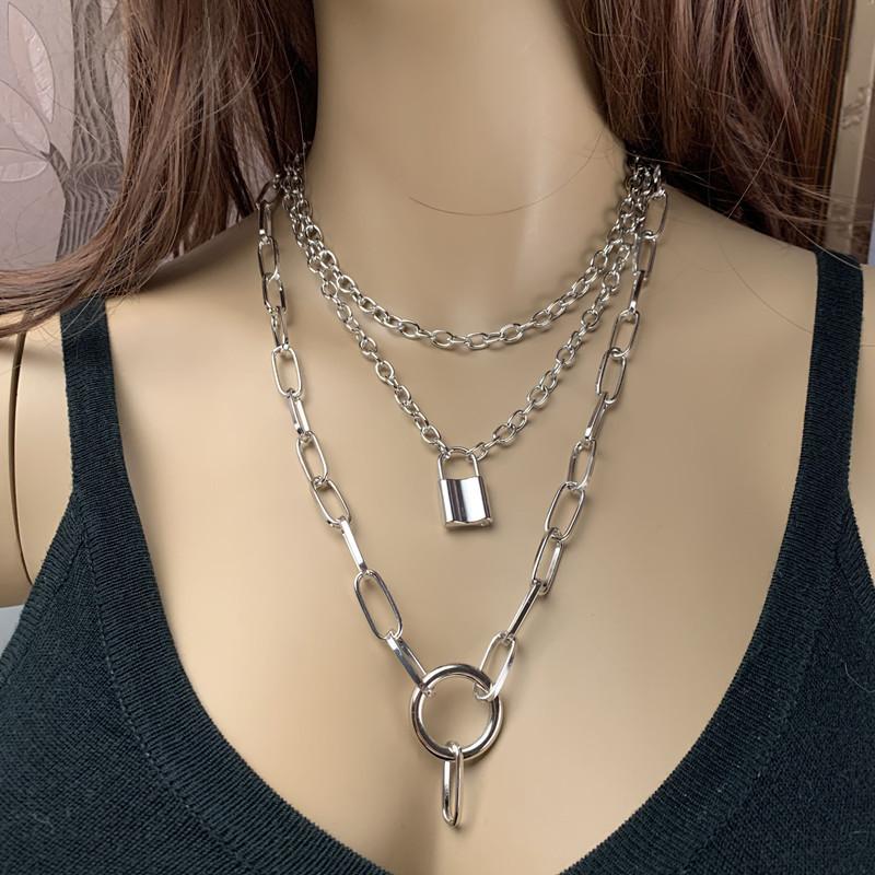 Necklace Retro Punk Exaggerated Thick Chain Necklace Women's Multilayer Hip Hop Lock Necklace Sweater Chain