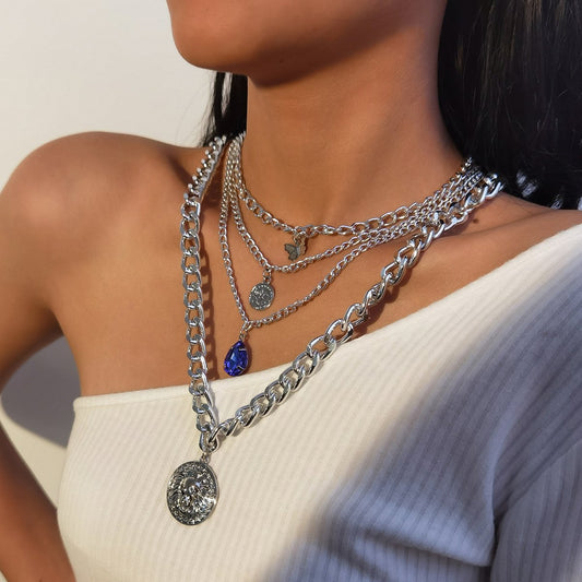Jewelry heavy industry metal chain sapphire pendant punk lion head pendant butterfly necklace female