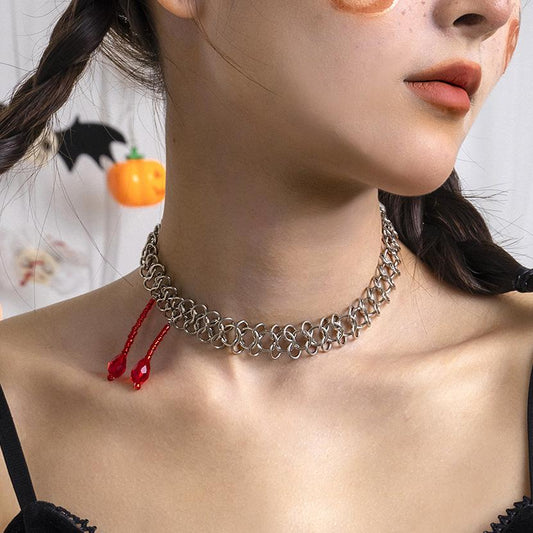 Jewelry Sweet Cool Dark Halloween Red Imitation Crystal Necklace Personality Mesh Chain Necklace