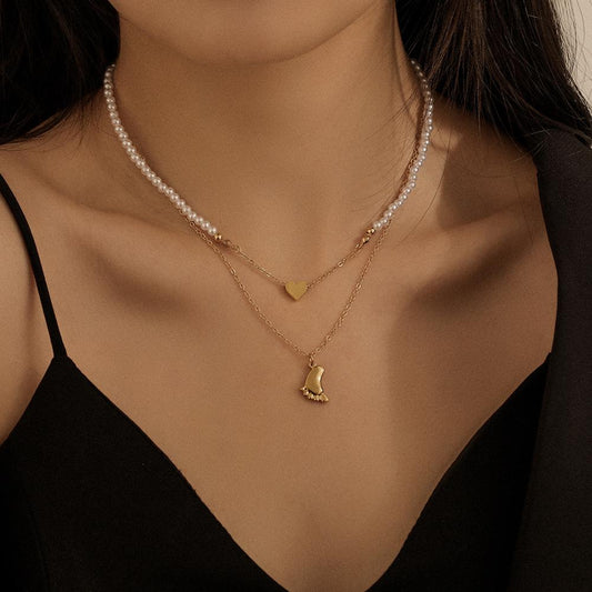 Stainless steel real gold-plated double-layer necklace ankle heart love pendant cold peach heart pearl titanium steel clavicle chain