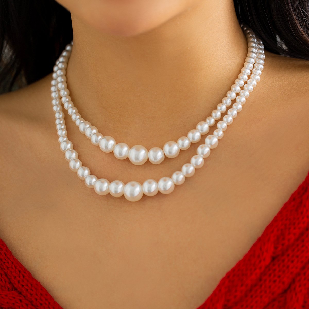 Jewelry Temperament Retro Imitation Pearl Chain Clavicle Necklace Simple Versatile Beaded Double Layer Necklace