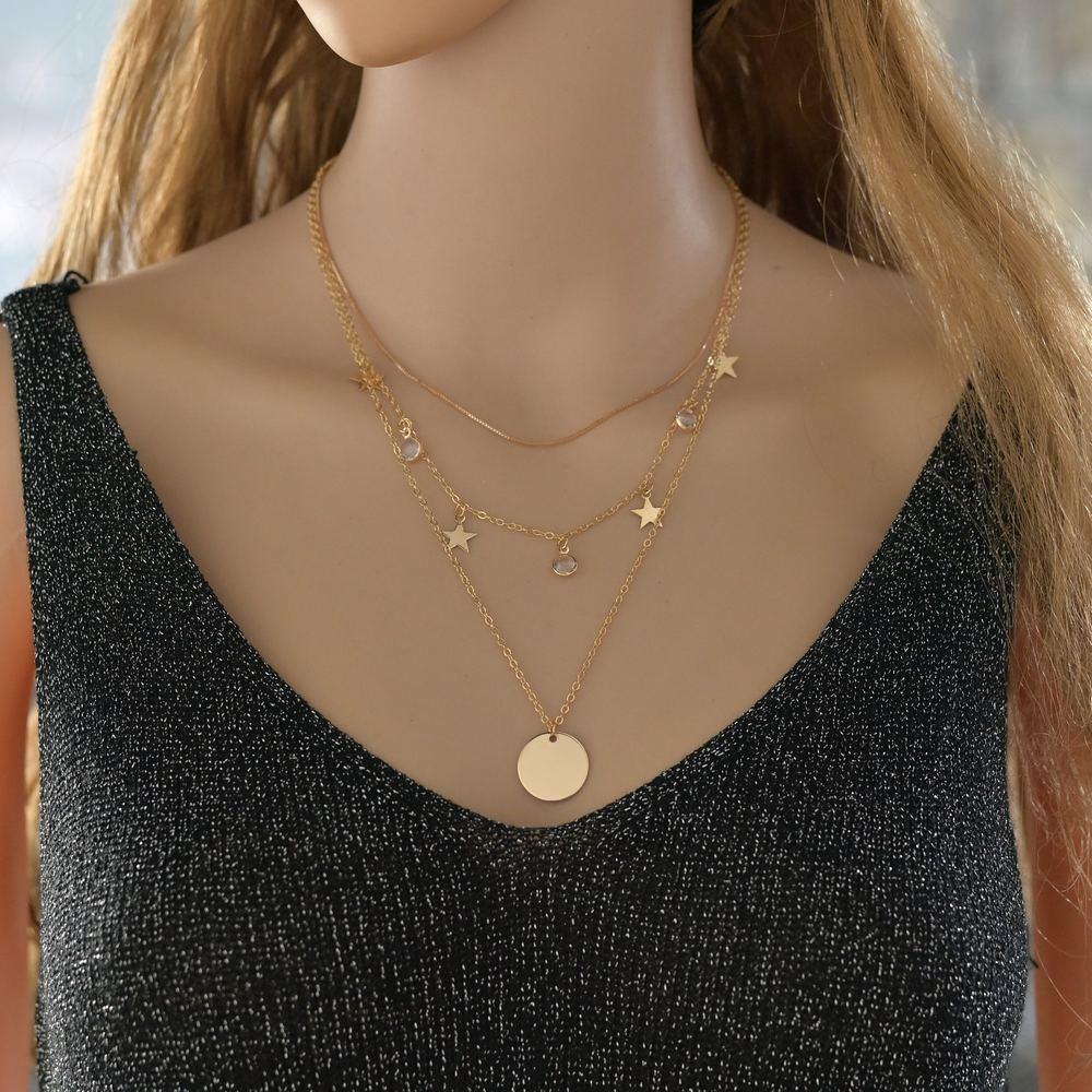 Fashion Pop Jewelry Women's Multi-layer Disc Rhinestone Star Pendant Necklace Combination