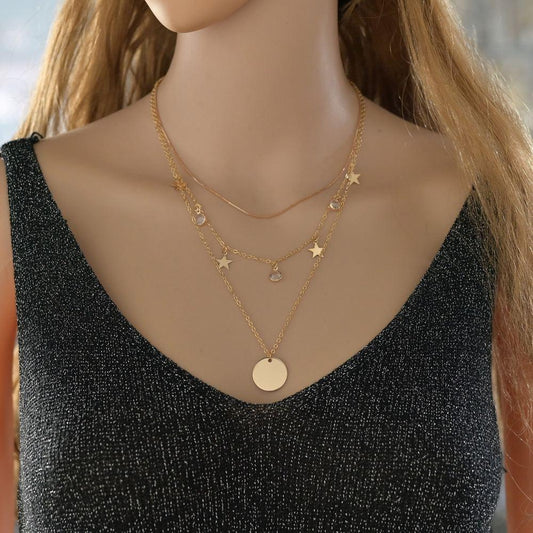 Fashion Pop Jewelry Women's Multi-layer Disc Rhinestone Star Pendant Necklace Combination