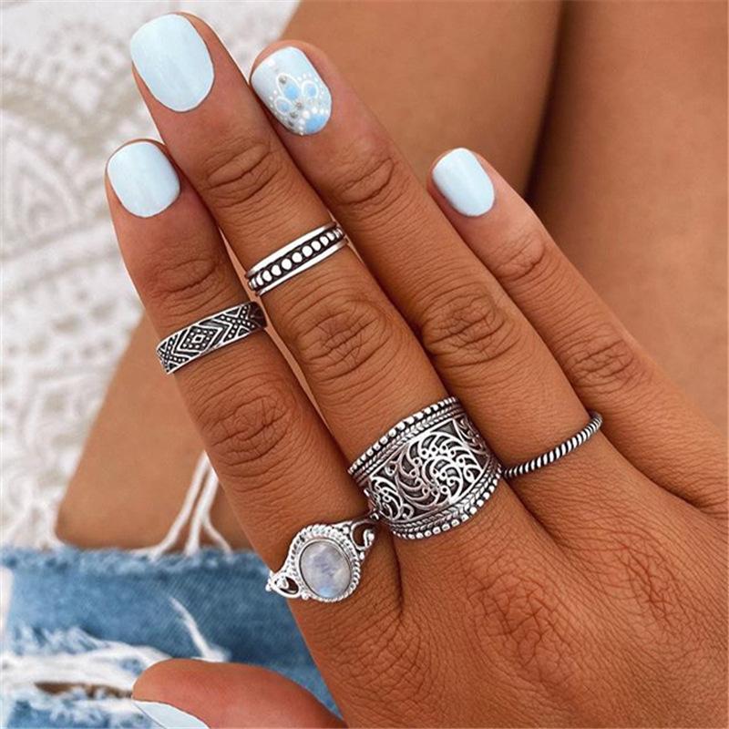 Fashion Resin Accessories Knuckle Ring Vintage Ethnic Alloy Pattern Ring Multi-Piece Set Accessories