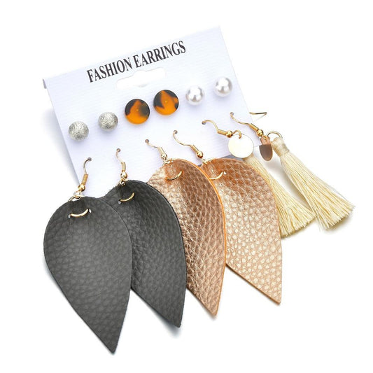 Earrings Boho Tassel Drop Earrings Vintage Leather Acetate Stud Set of Six