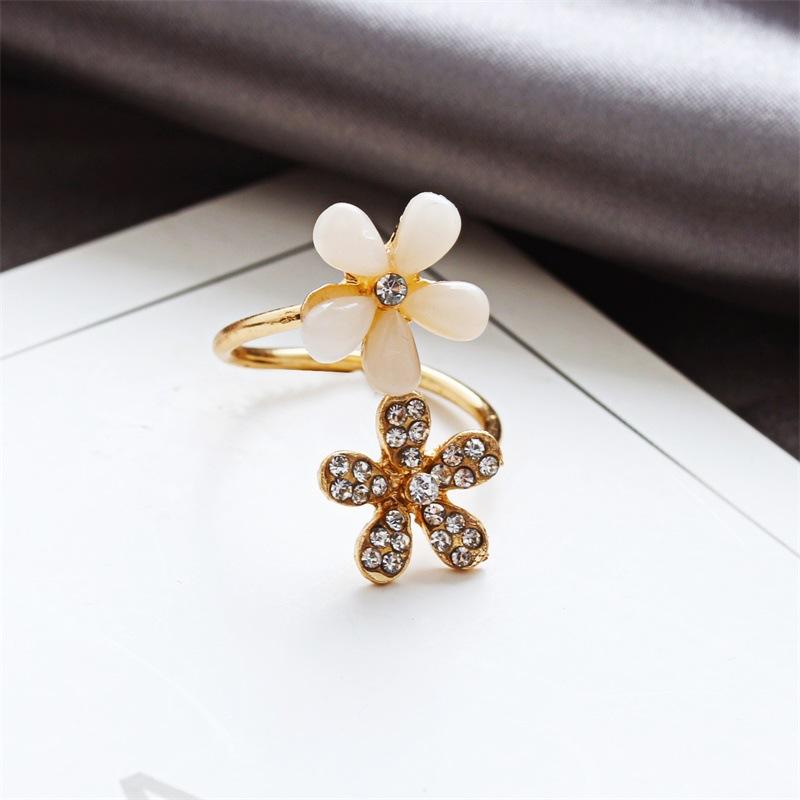 Opal flower open ring micro-paved diamond five-leaf flower ring popular jewelry