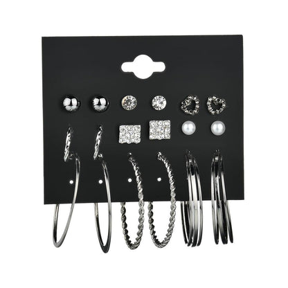 Earring Stud Set Silver 9 Pairs/Set Stud Earrings Circle Combination Set Jewelry Accessories
