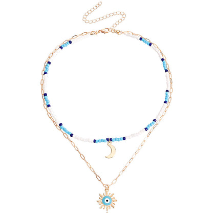 Jewelry bohemian mix and match color rice bead crescent moon devil's eye pendant necklace female
