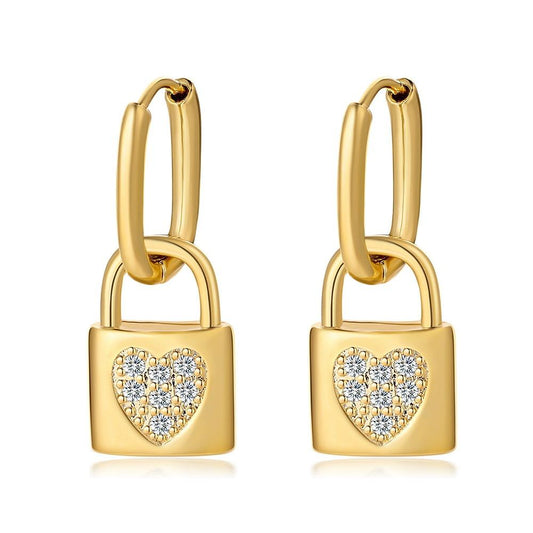 Personality Love Earrings Fashion Exaggerated Copper Micro-inlaid Zircon Peach Heart Lock Earrings Jewelry Women