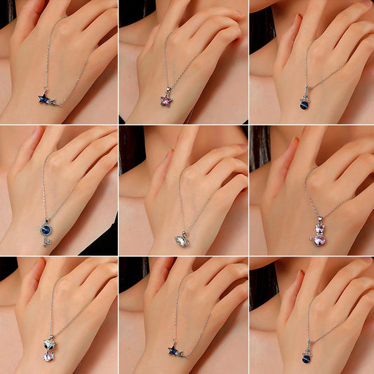 Simple and cold zircon pendant necklace fashion five-pointed star key cat clavicle chain niche design