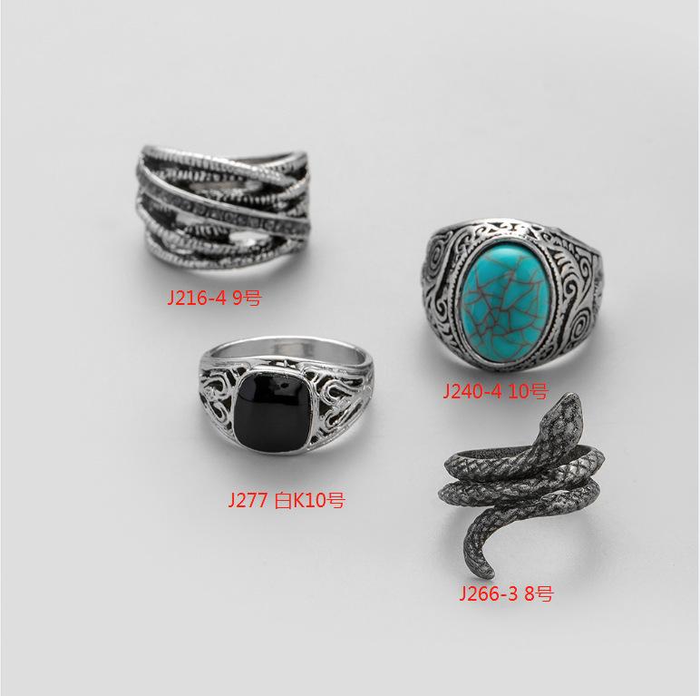 Trendy street photography luxury punk men's alloy creative personality exaggerated turquoise snake ring set