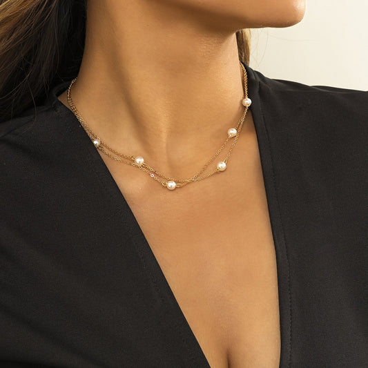 Jewelry simple double-layer imitation pearl chain collarbone necklace all-match metal retro temperament necklace