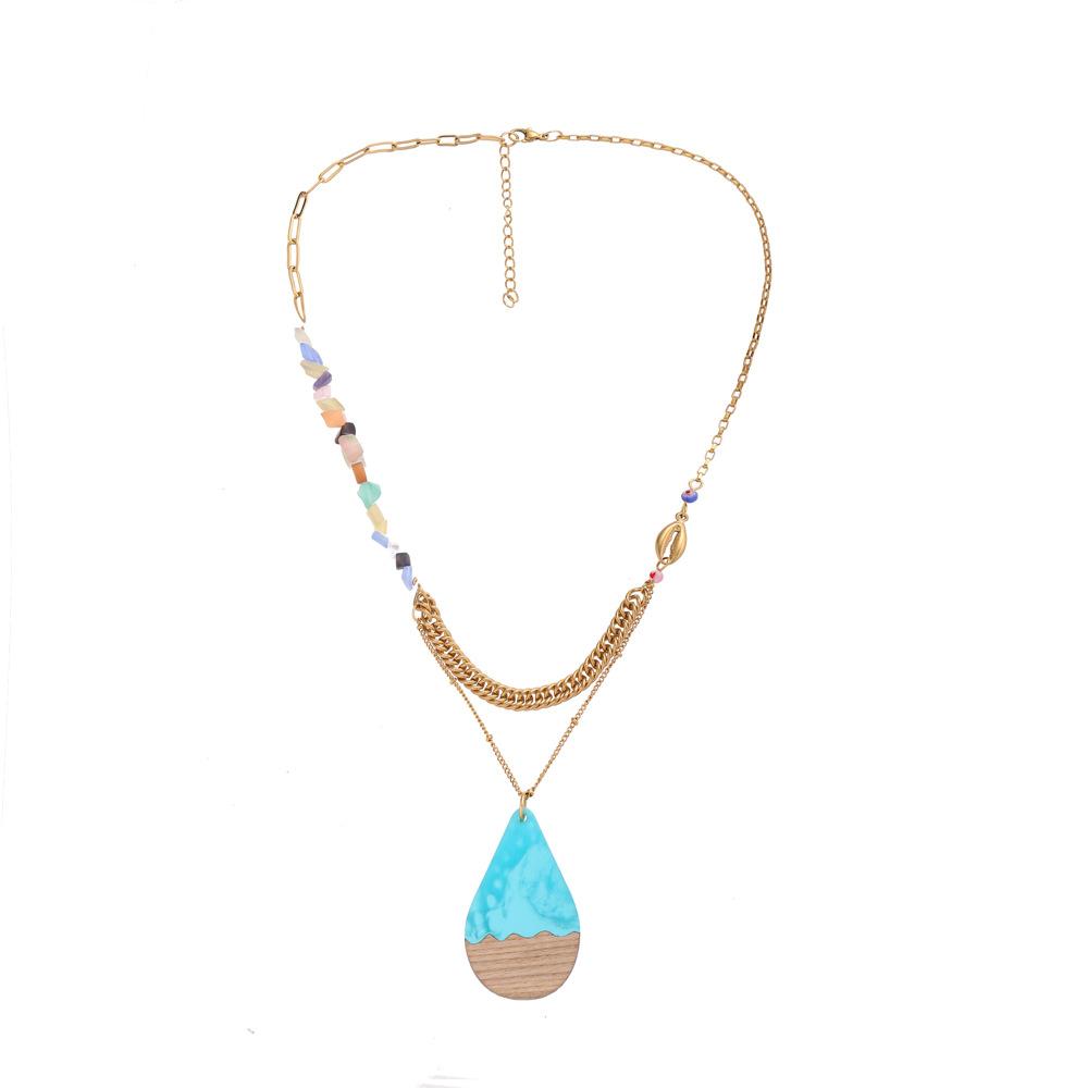 Fashion Stainless Steel Gold Chain Drop Pendant Wood Resin Gravel Necklace Titanium Steel Clavicle Chain