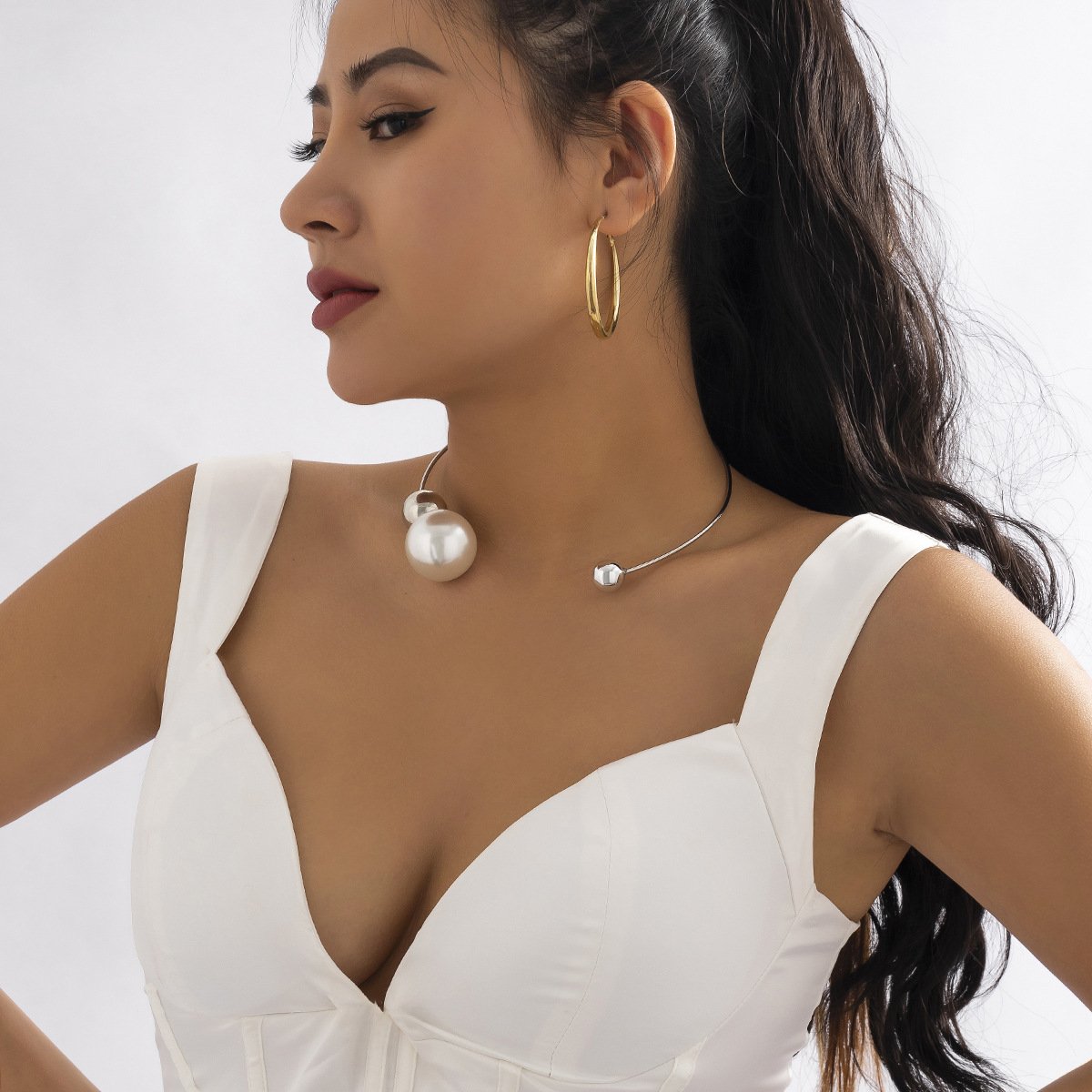 Jewelry Personality Metal Ring Necklace Necklace Simple Asymmetric Imitation Pearl Bead Necklace Female